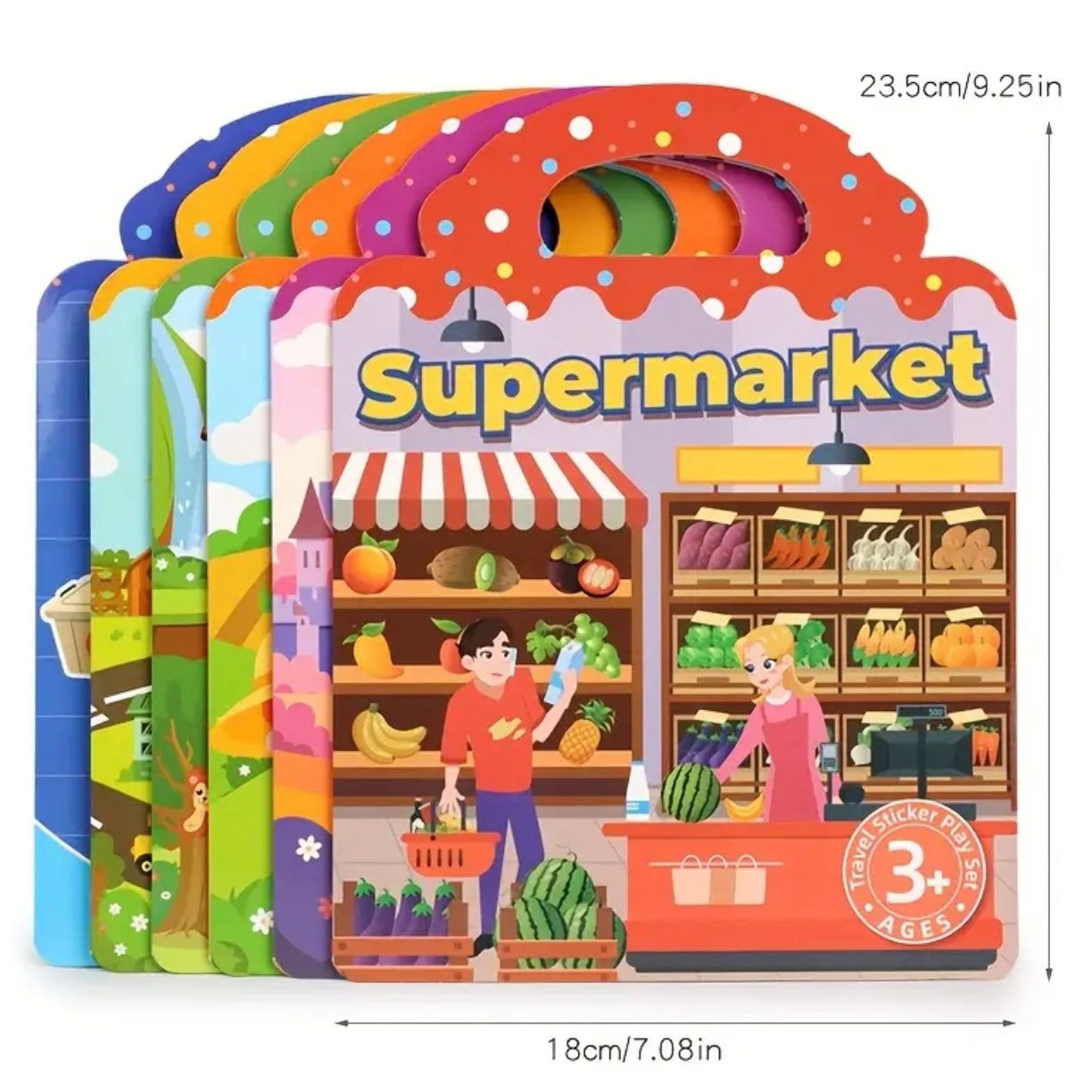 Set of colorful children's Waterproof Reusable Jelly Sticker Book with a 'Supermarket' theme, featuring illustrations of a store and people.