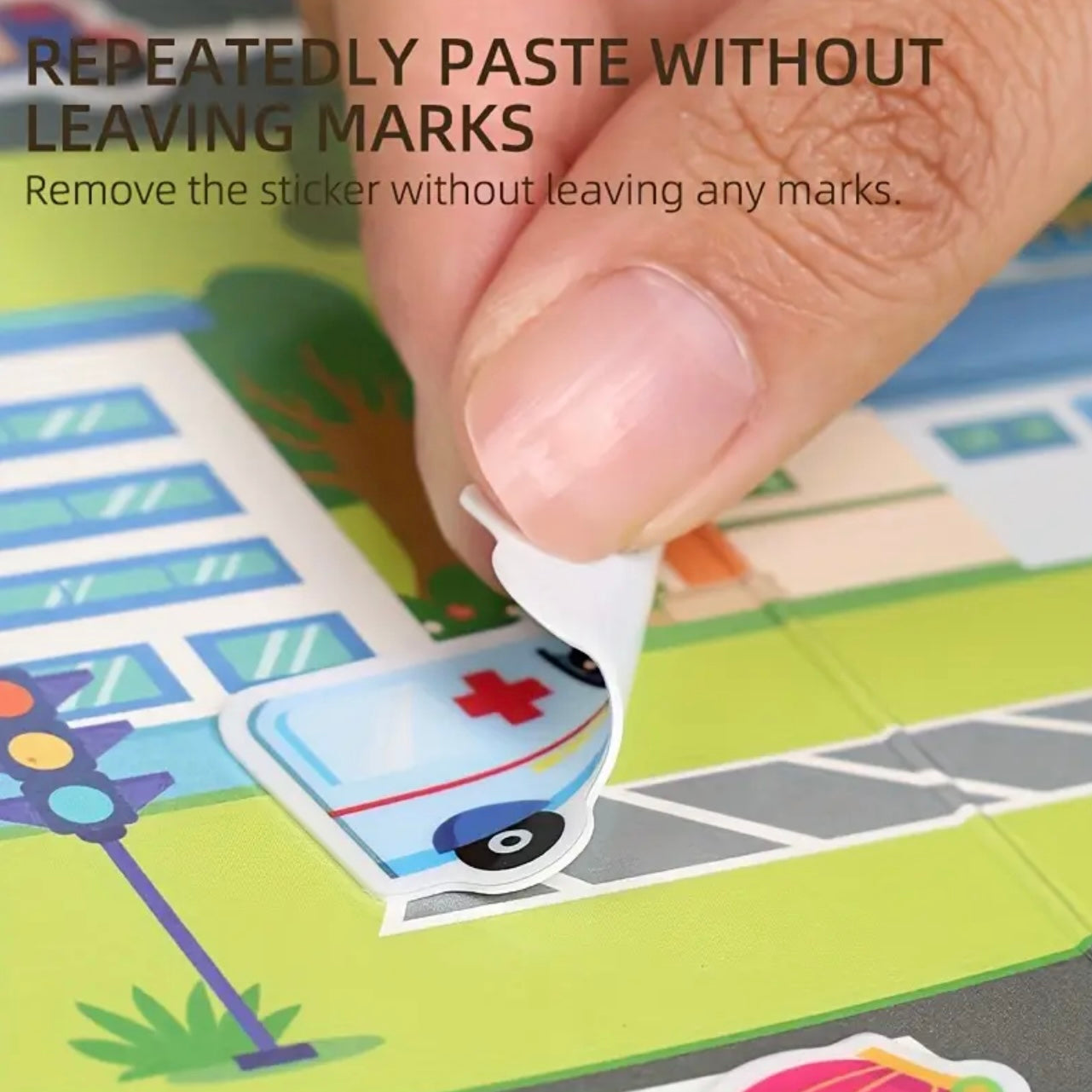 Hand peeling a sticker from a colorful background with text about repeated pasting without leaving marks on a Waterproof Reusable Jelly Sticker Book