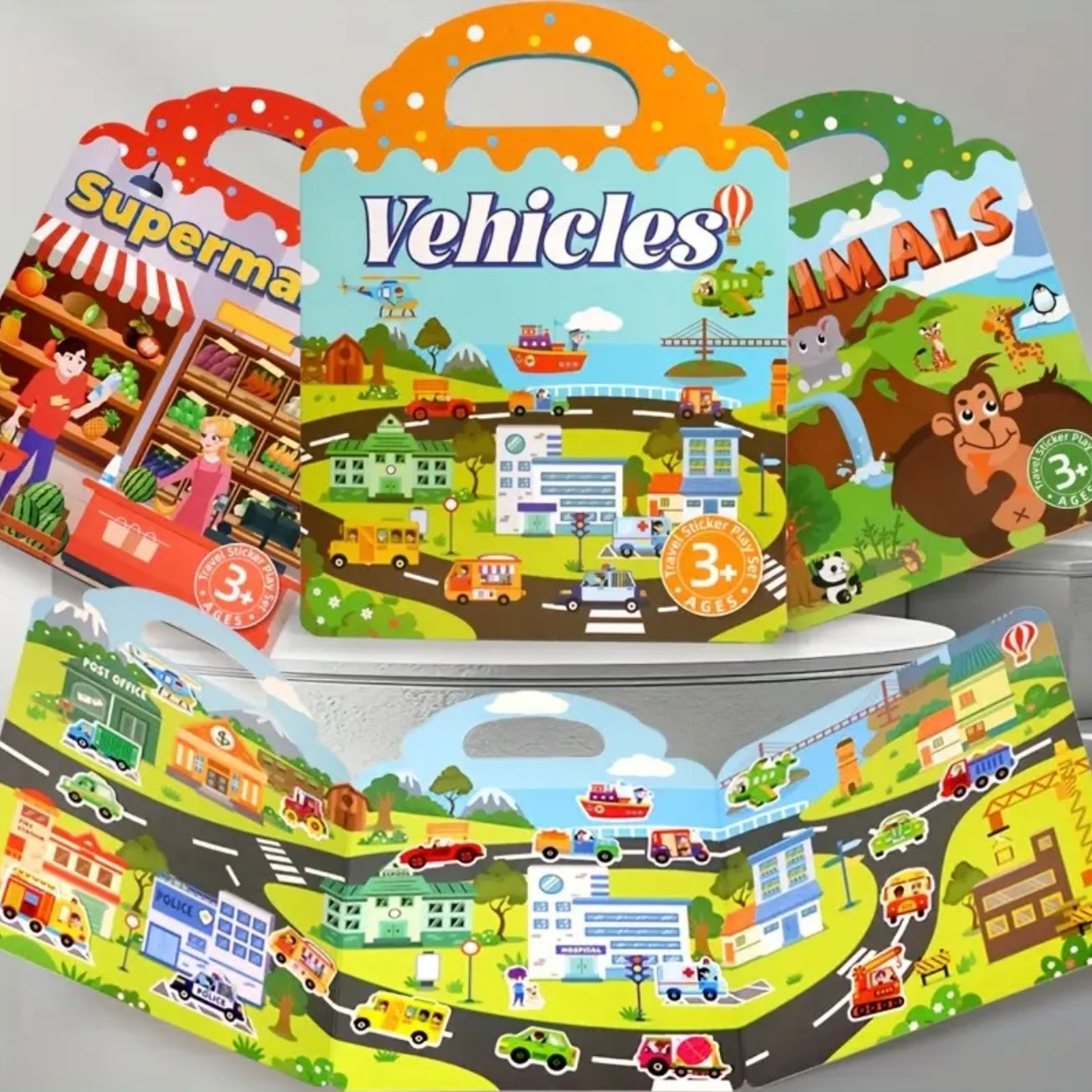 Waterproof Reusable Jelly Sticker Book with vehicle theme. Animal themed reusable sticker book for toddlers. Supermarket pretend play sticker book. Reusable stickers inside activity book for children