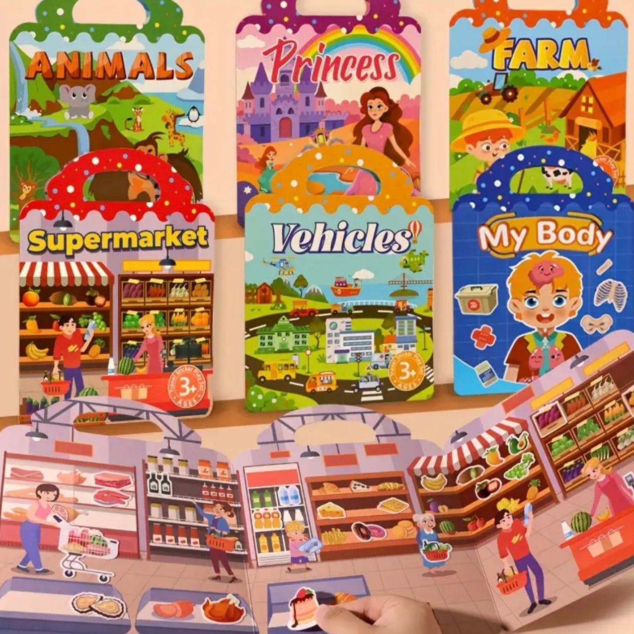 Set of Waterproof Reusable Jelly Sticker Book for kids on topics like animals, princesses, farm, supermarket, vehicles, and my body.