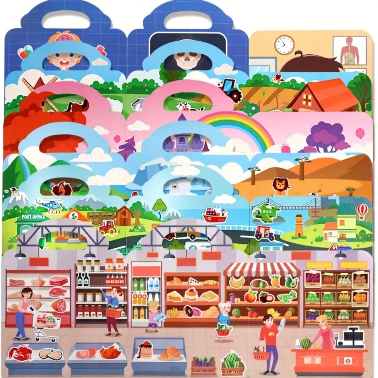 Children's Waterproof Reusable Jelly Sticker Book with colorful illustrations of a supermarket and various scenes.