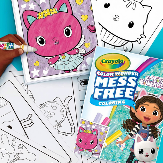 18 coloring pages and 4 Color Wonder markers in fold up pack with the Gabby's Dollhouse theme